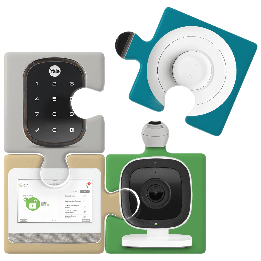 Smart home security system options that includes smart home security keypad, phone, cameras and intrustion sensor that you can choose to build your own home security system.